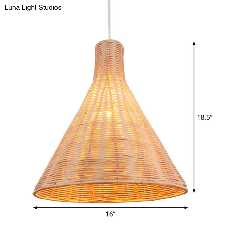 14/16 Inch Conical Bamboo Suspension Pendant - 1 Head Khaki Hanging Lamp Kit