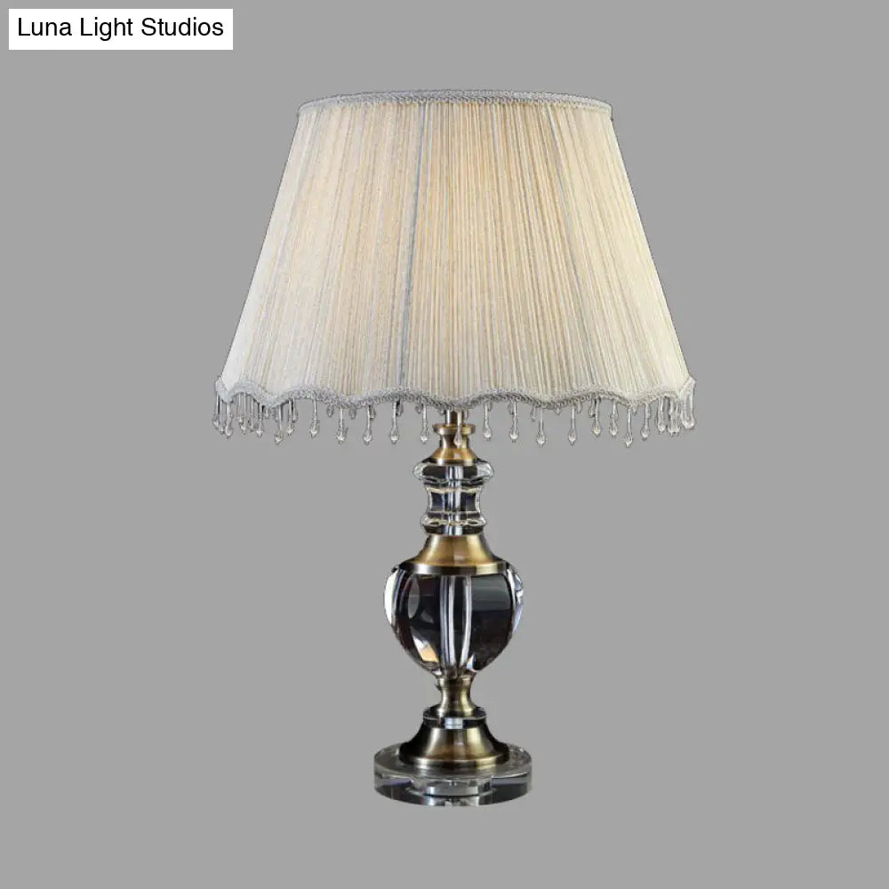 14/16 Traditional Cream Gray Crystal Nightstand Lamp With Cone Fabric Shade - Bedroom Night Table