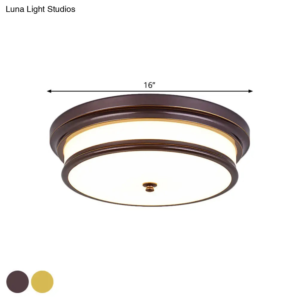 14/16 Vintage Cream Glass Drum-Like Corridor Ceiling Fixture Led Flush Mount Lighting In Black/Gold