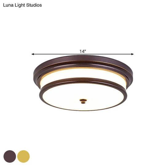 14/16 Vintage Cream Glass Drum-Like Corridor Ceiling Fixture Led Flush Mount Lighting In Black/Gold