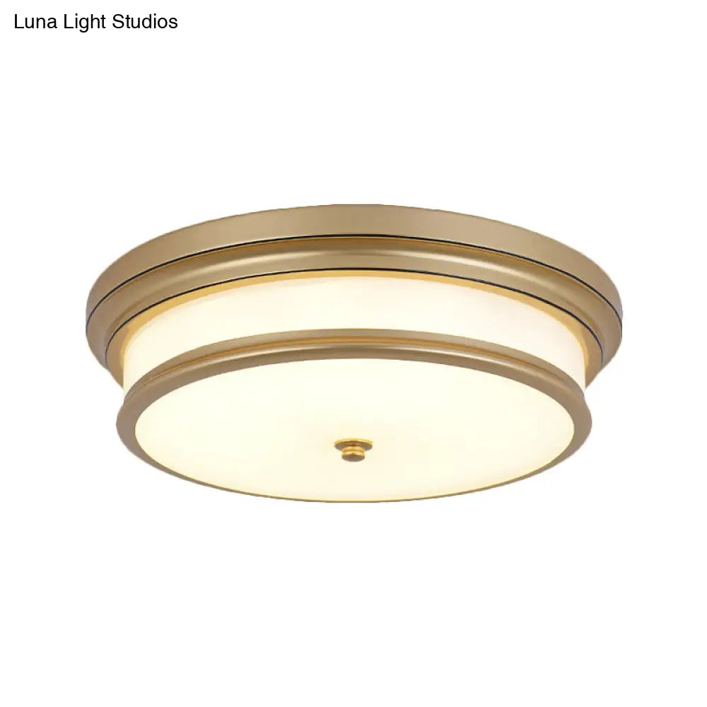 14/16 Vintage Cream Glass Drum-Like Corridor Ceiling Fixture Led Flush Mount Lighting In Black/Gold