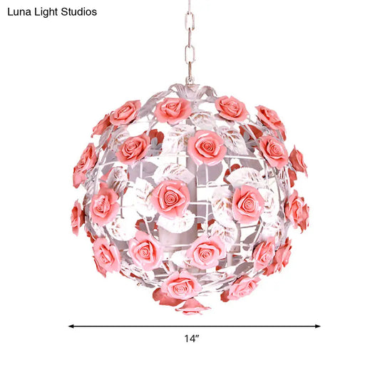 14/16 White Metal Pendant Light With Pink Ball Shade - Romantic Rose Ceiling Lamp