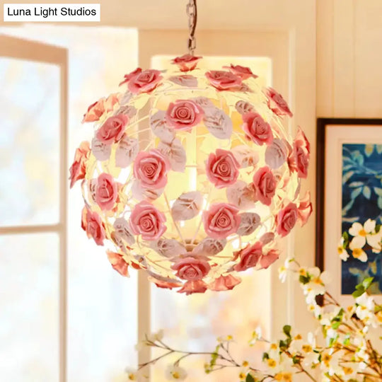 14/16 White Metal Pendant Light With Pink Ball Shade - Romantic Rose Ceiling Lamp