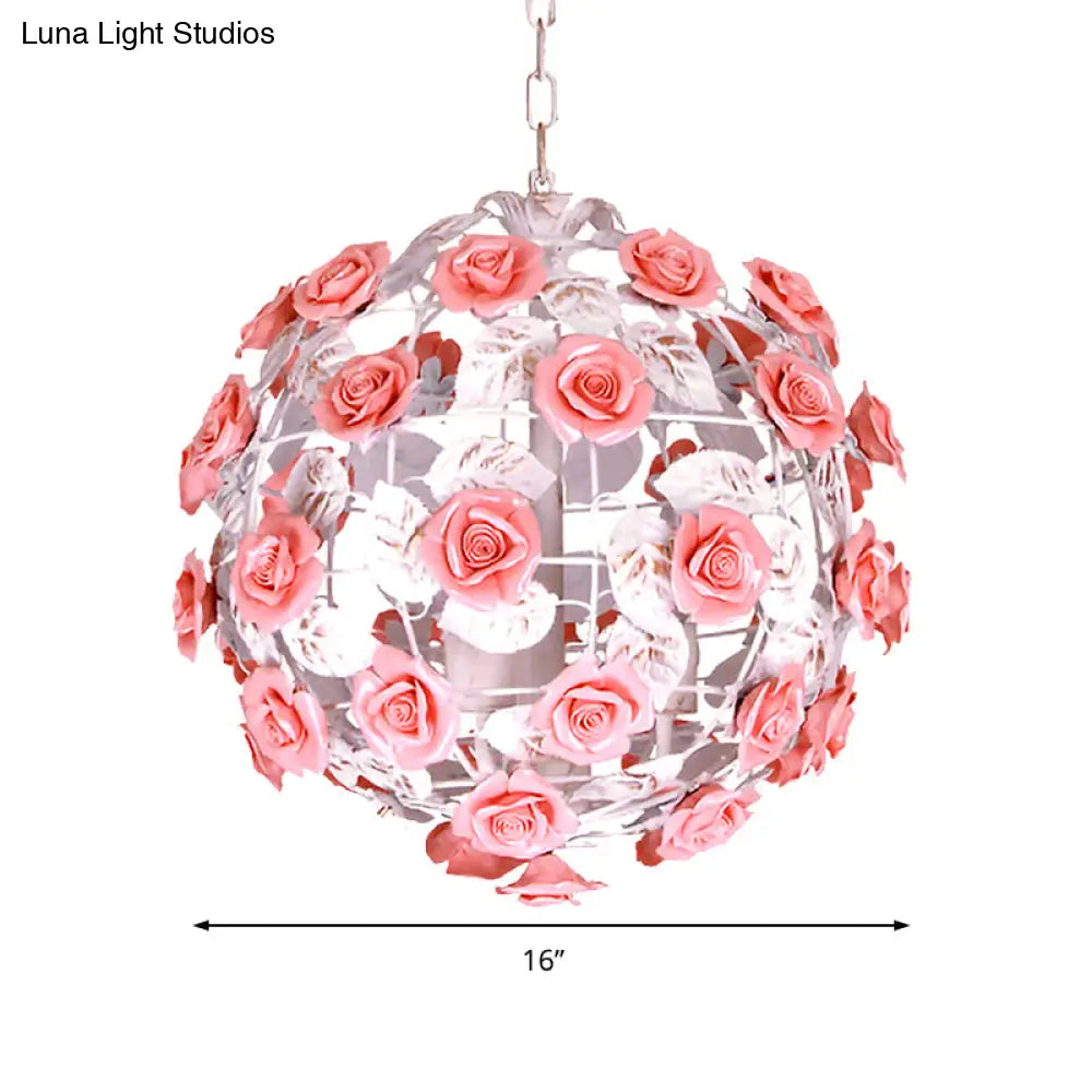 14/16 White Metal Pendant Light With Pink Ball Shade - Romantic Rose Ceiling Lamp