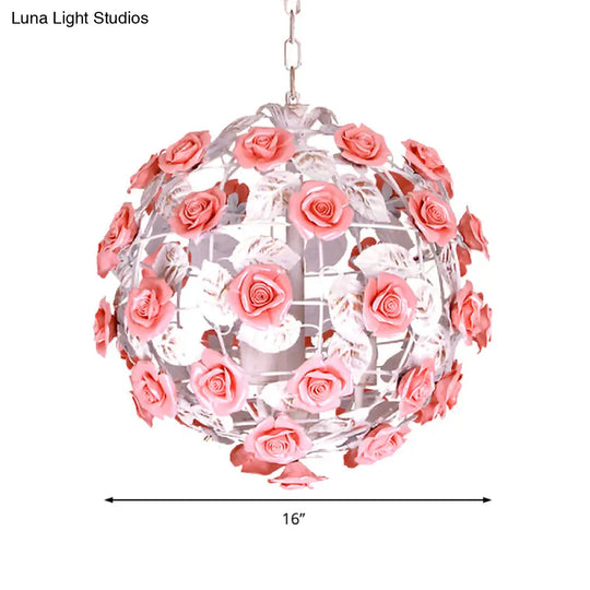 14/16 White Metal Pendant Light With Pink Ball Shade - Romantic Rose Ceiling Lamp