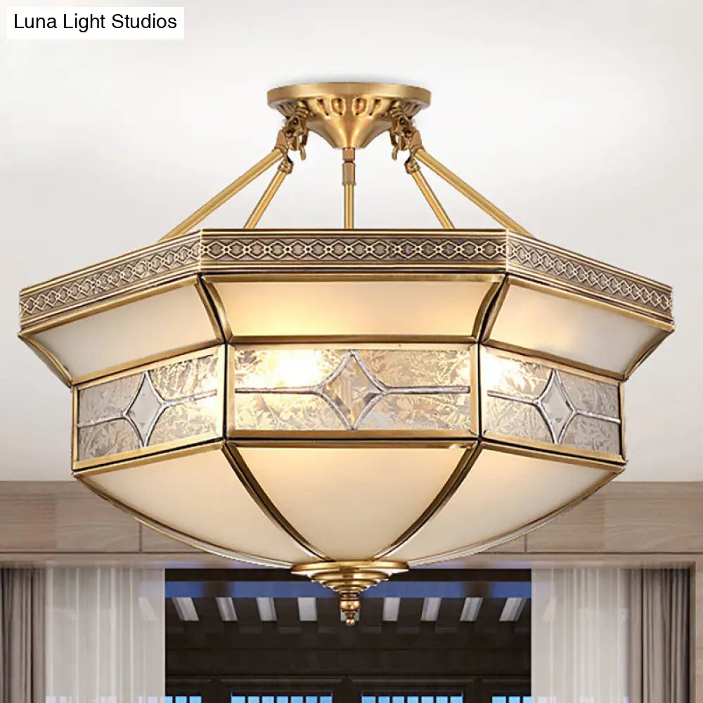 Frosted Glass Geometric Ceiling Mounted Fixture - Vintage Brass 3/4/6 Lights 14/18/23.5 Wide Ideal