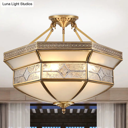 14’/18’/23.5’ Vintage Brass Geometric Ceiling Mounted Fixture - Frosted Glass 3/4/6 Lights