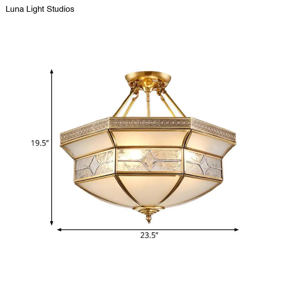 Frosted Glass Geometric Ceiling Mounted Fixture - Vintage Brass 3/4/6 Lights 14/18/23.5 Wide Ideal