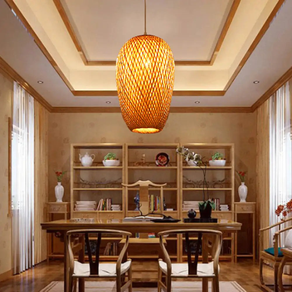 14.5’ H Bamboo Oblong Pendant - 1 Light Asia Hanging Ceiling In Beige / 10’