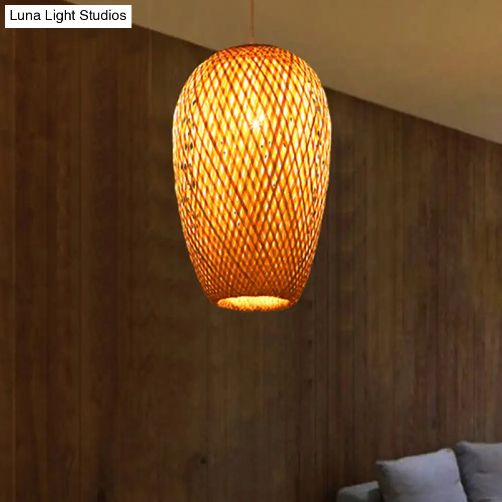 Bamboo Oblong Pendant Ceiling Light - 10/14.5 H 1-Light Asian Style In Beige