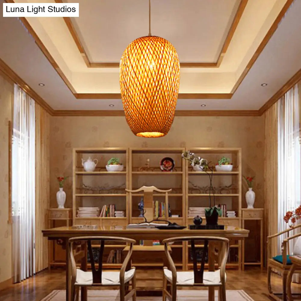 Bamboo Oblong Pendant Ceiling Light - 10/14.5 H 1-Light Asian Style In Beige / 10