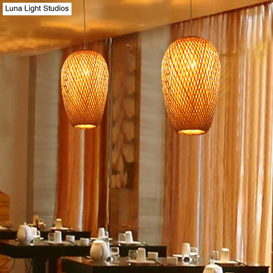 14.5’ H Bamboo Oblong Pendant - 1 Light Asia Hanging Ceiling In Beige