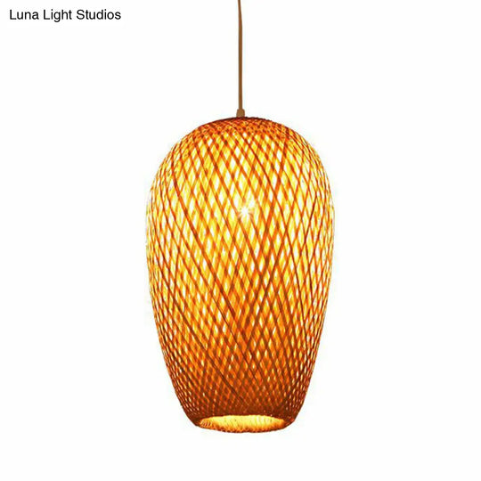 Bamboo Oblong Pendant Ceiling Light - 10/14.5 H 1-Light Asian Style In Beige