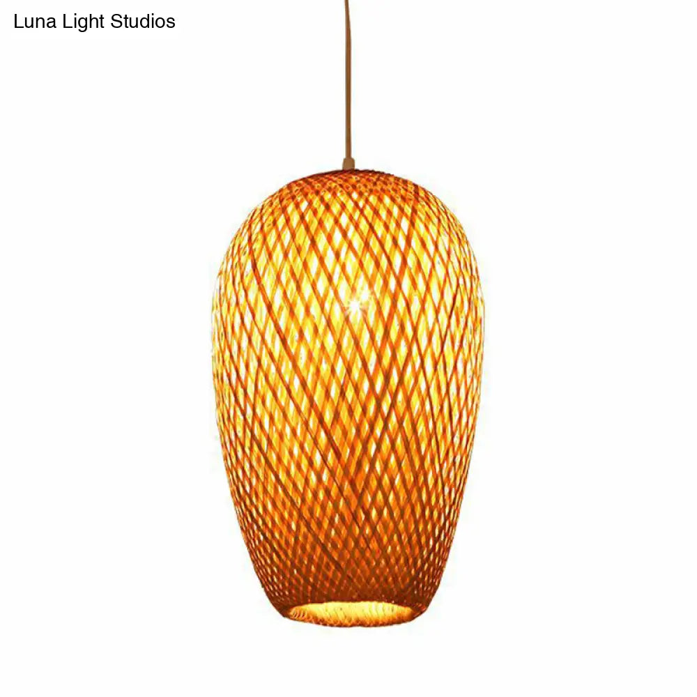 14.5’ H Bamboo Oblong Pendant - 1 Light Asia Hanging Ceiling In Beige