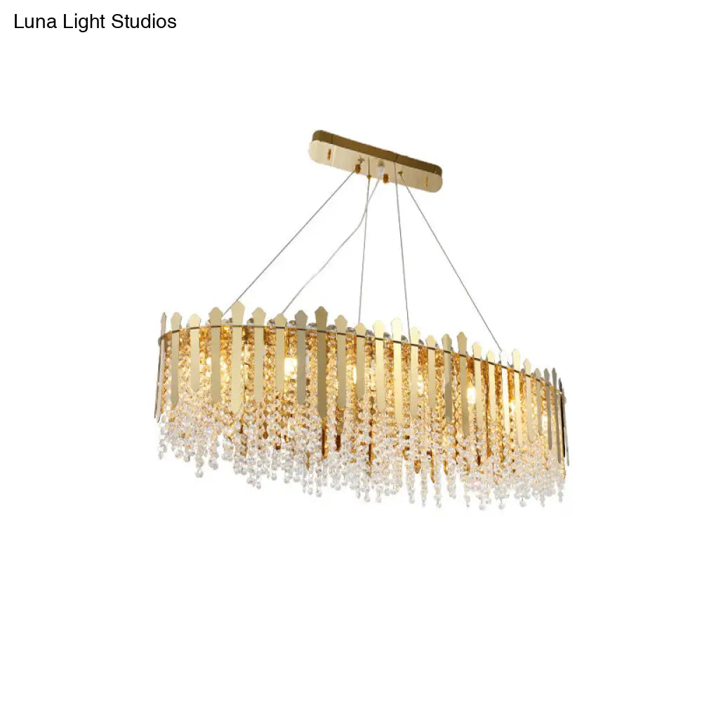 14-Light Gold Elliptical Island Pendant With Clear Crystal Beads - Luxurious Hanging Light Fixture