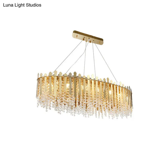 14-Light Gold Elliptical Island Pendant With Clear Crystal Beads - Luxurious Hanging Light Fixture