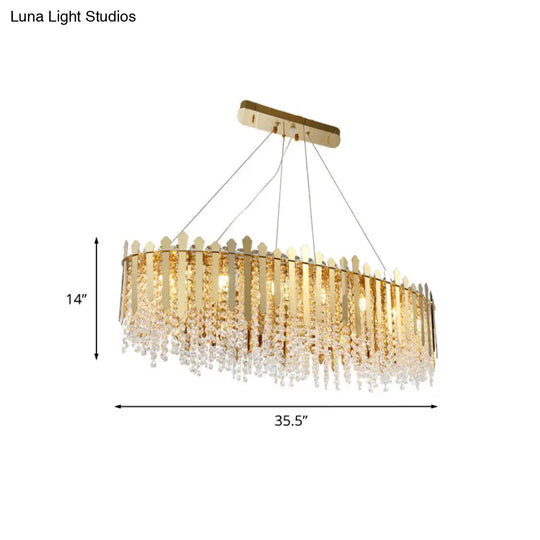 14-Light Gold Elliptical Island Pendant With Clear Crystal Beads - Luxurious Hanging Light Fixture