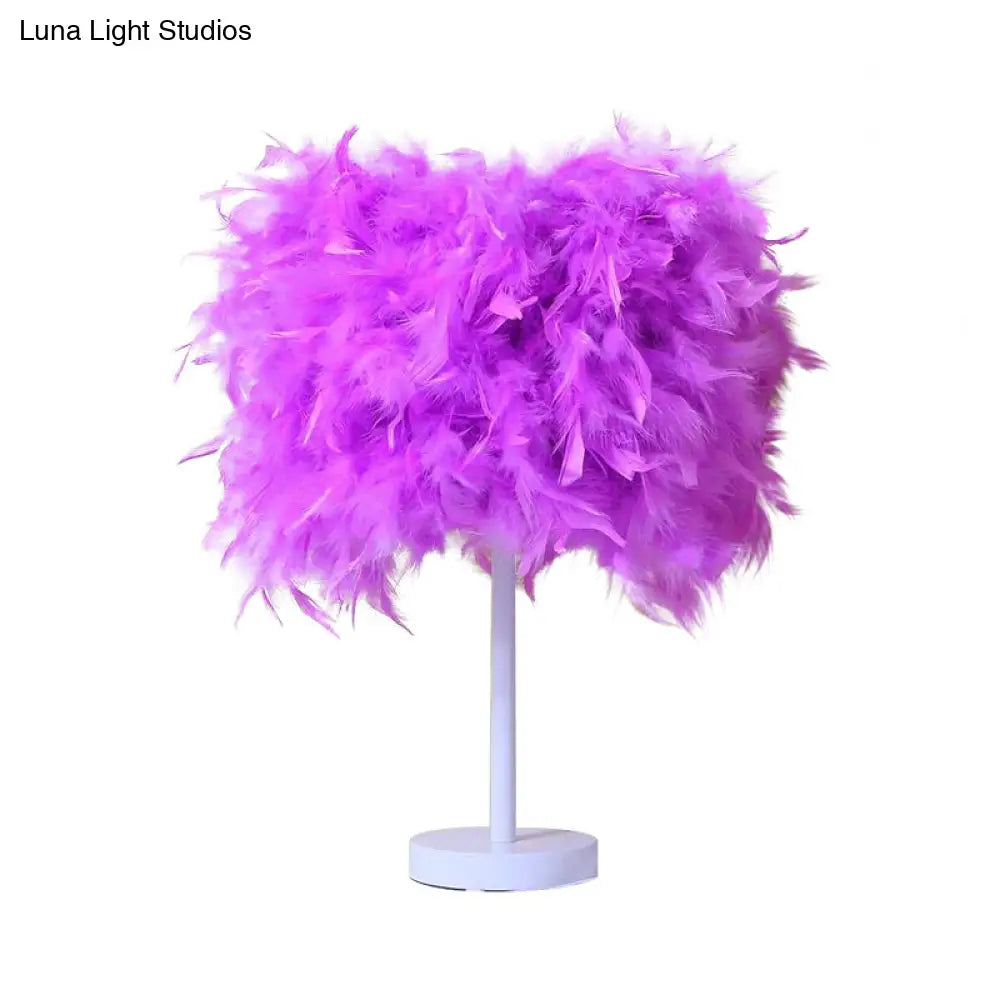 14 Modern Feather Cylinder Night Light - Pink/White/Purple Bedside Table Lamp