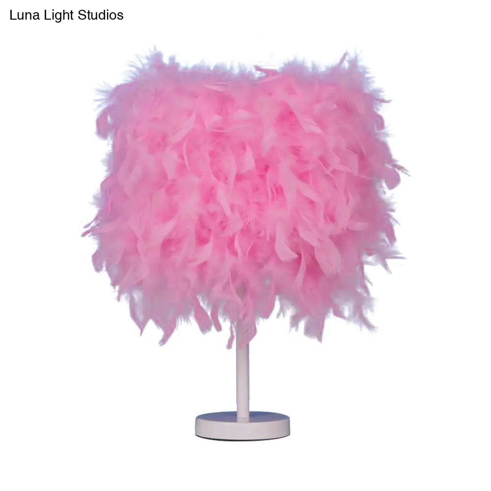 14 Modern Feather Cylinder Night Light - Pink/White/Purple Bedside Table Lamp