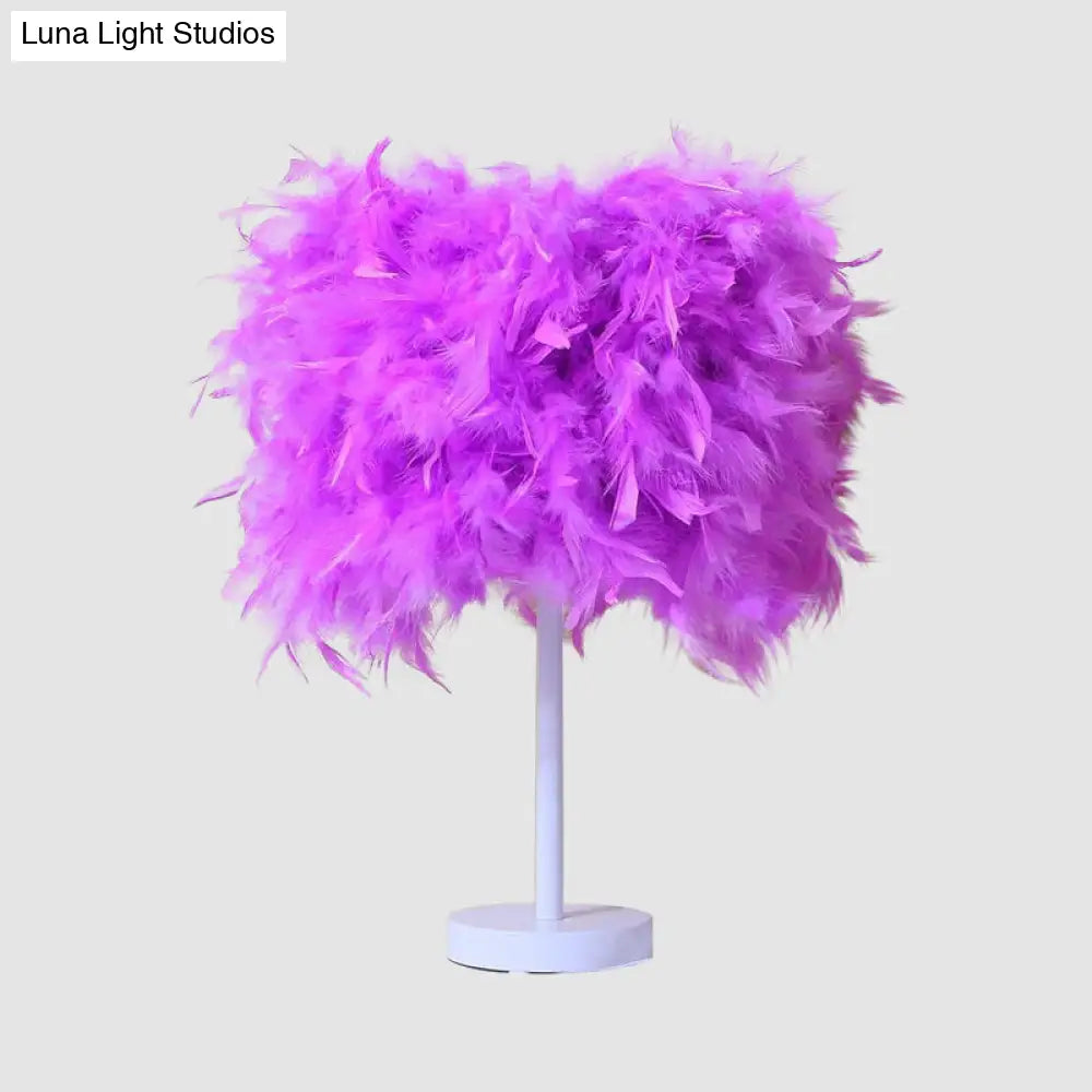 14 Modern Feather Cylinder Night Light - Pink/White/Purple Bedside Table Lamp