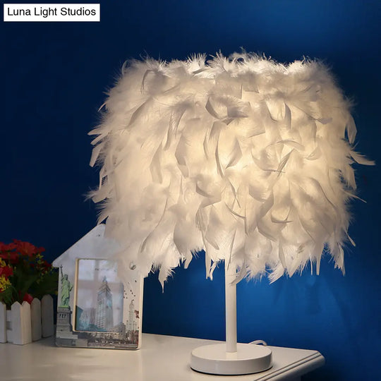 14 Modern Feather Cylinder Night Light - Pink/White/Purple Bedside Table Lamp