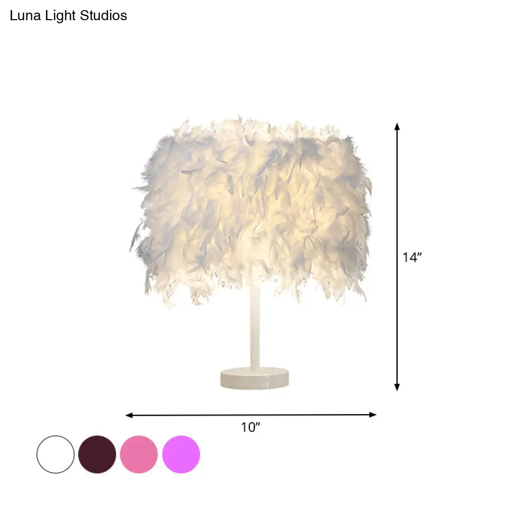 14 Modern Feather Cylinder Night Light - Pink/White/Purple Bedside Table Lamp