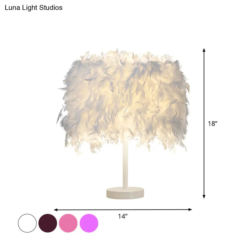 14 Modern Feather Cylinder Night Light - Pink/White/Purple Bedside Table Lamp