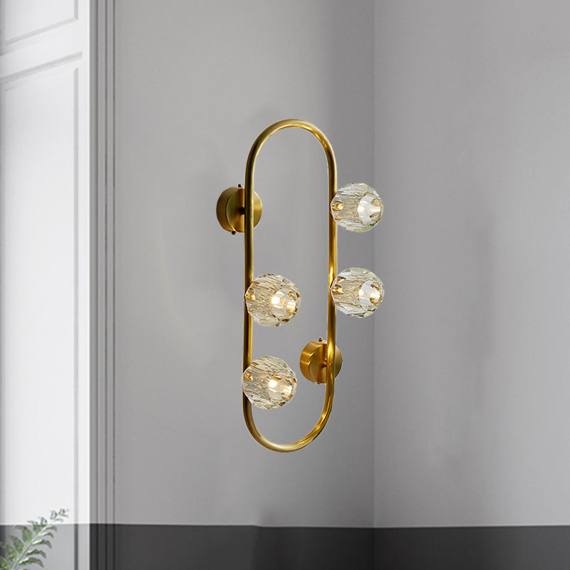 Gold Modern Wall Mount Light With Clear Crystal Shade And Oval Frame - 4 Bulb Lighting Idea