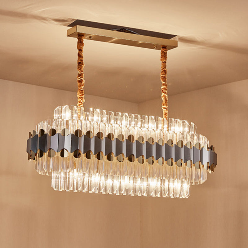 Modern Silver And Gold Island Lighting: Crystal Prisms Pendant - 10 Bulbs Oval Shape Ideal For