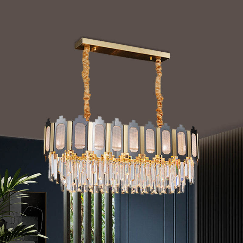 10-Light Clear Crystal Island Pendant: Contemporary Nickle Suspension Lamp For Dining Room