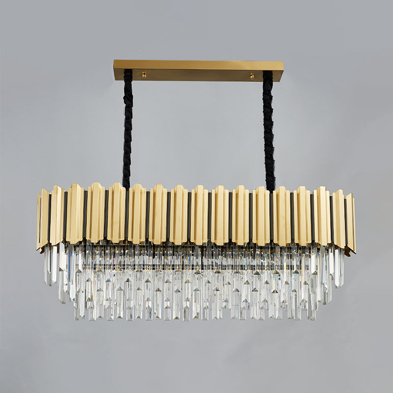 Modern Crystal Gold Finish Pendant Light With Prismatic Oval Design - 10 Heads Island Style