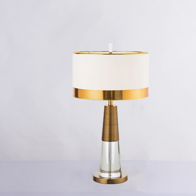 Contemporary White Table Lamp With Crystal Base - Drum Fabric Shade Nightstand Light