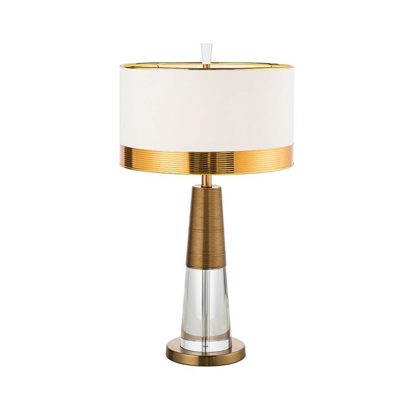 Contemporary White Table Lamp With Crystal Base - Drum Fabric Shade Nightstand Light
