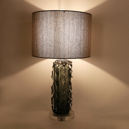 Modern Pale Barrel Fabric Shade Table Lamp With Embossed Crystal Column - Dark Gray