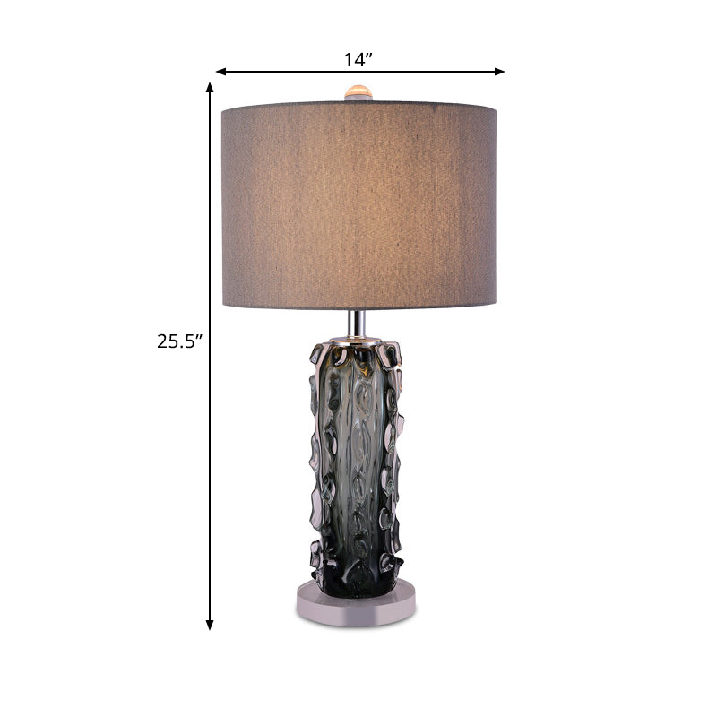 Modern Pale Barrel Fabric Shade Table Lamp With Embossed Crystal Column - Dark Gray