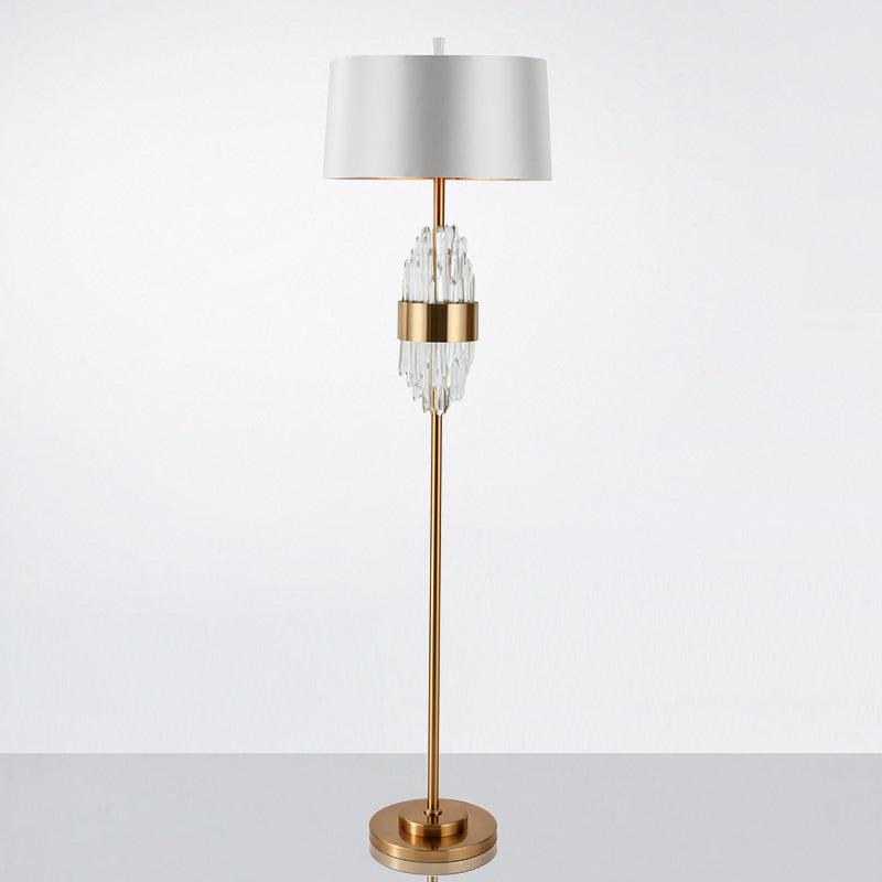 Modern Brass Finish Floor Lamp With Barrel Shade And Metal Base