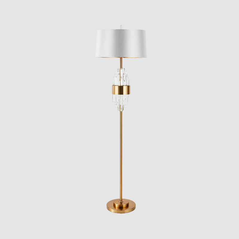 Modern Brass Finish Floor Lamp With Barrel Shade And Metal Base