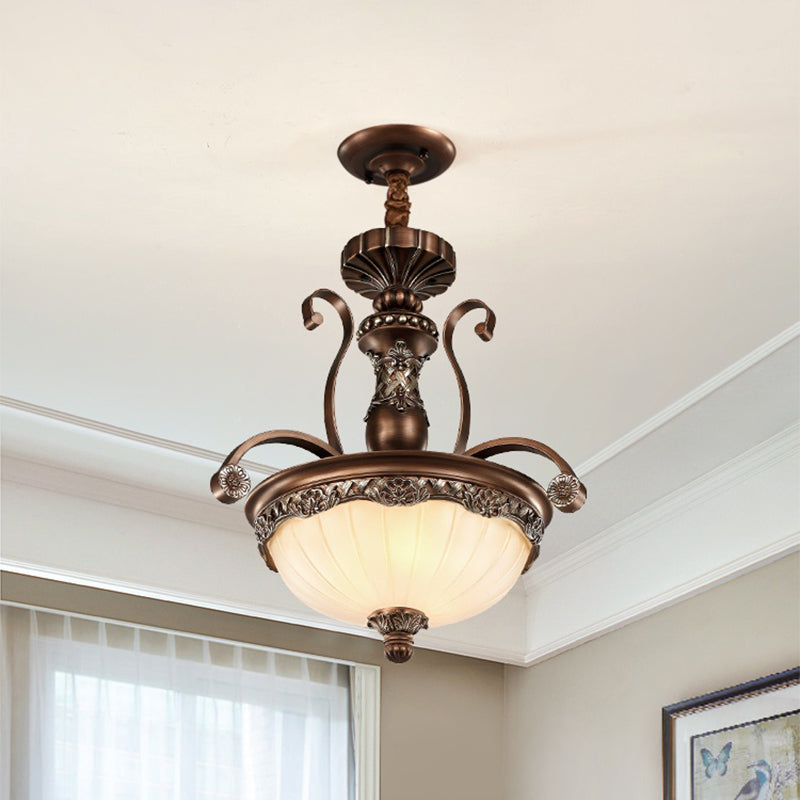 Traditional Bronze Pendant With Ribbed Glass Bowl Shade - 3-Light Down Lighting For Dining Room