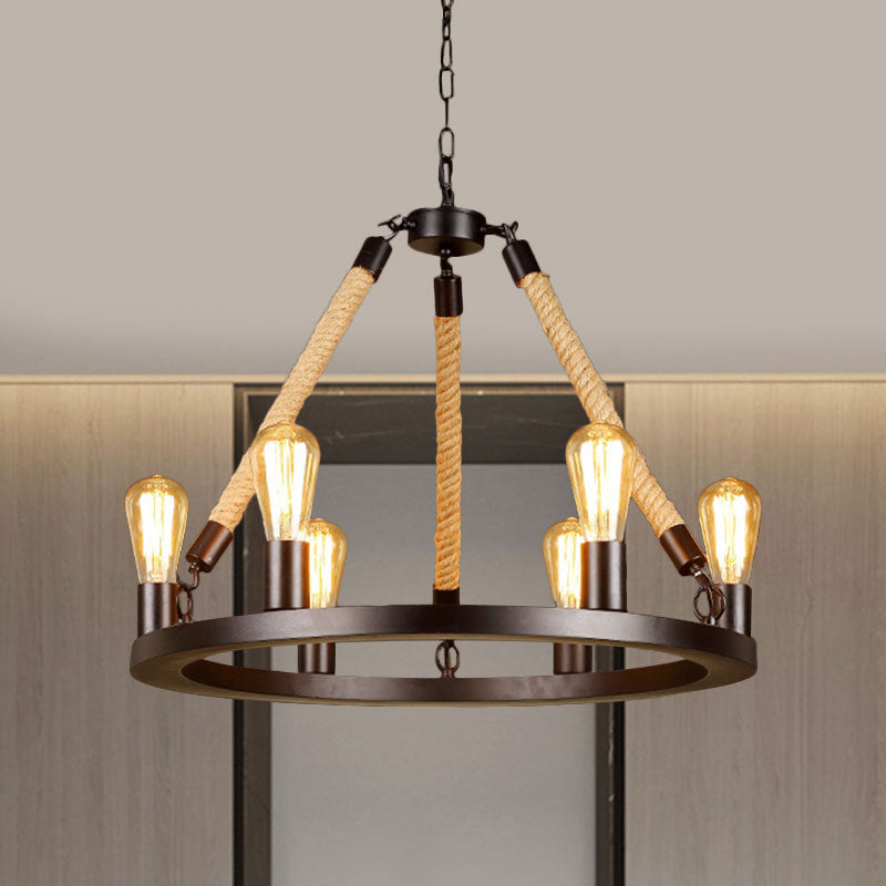 Vintage Circular Hanging Lamp: Metallic With Exposed Bulb Rope And 6/8 Lights For Dining Room