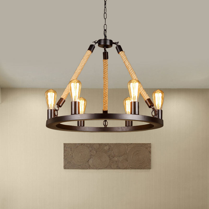 Vintage Circular Hanging Lamp: Metallic With Exposed Bulb Rope And 6/8 Lights For Dining Room