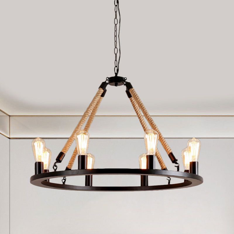 Vintage 6/8-Light Metallic Circular Hanging Lamp in Brown with Exposed Bulb & Rope Suspension for Dining Room