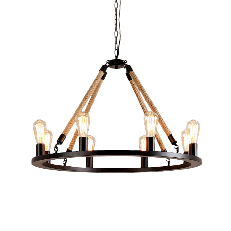 Vintage 6/8-Light Metallic Circular Hanging Lamp in Brown with Exposed Bulb & Rope Suspension for Dining Room