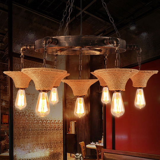 Retro Industrial Pendant Ceiling Fixture with Open Bulb, Rope, and Chain - Brown