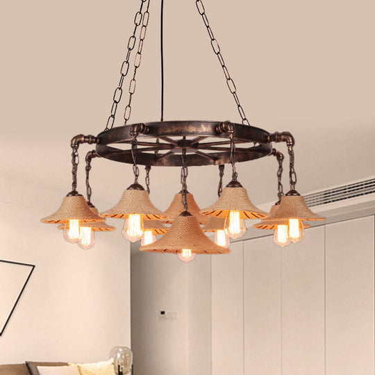 Retro Industrial Pendant Ceiling Fixture with Open Bulb, Rope, and Chain - Brown