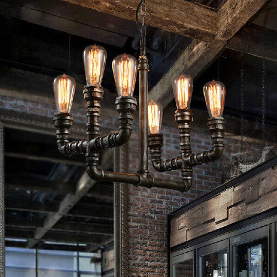 Vintage Industrial Rust Chandelier Pendant Light With 6 Open Bulbs And Pipe