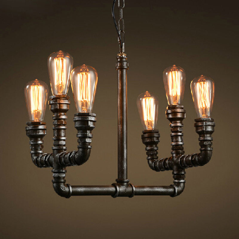 Vintage Industrial Metal Rust Chandelier Pendant Light - 6-Head Open Bulb Design with Hanging Pipe