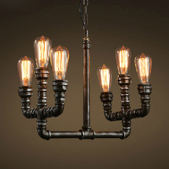 Vintage Industrial Rust Chandelier Pendant Light With 6 Open Bulbs And Pipe