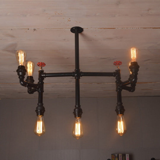 Antique Style Water Pipe Pendant Light With 7 Bulbs: Metallic Chandelier Featuring Red Valve Black