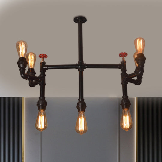 Antique Style Water Pipe Hanging Pendant Light with 7 Bulbs, Metallic Chandelier Lighting - Black with Red Valve