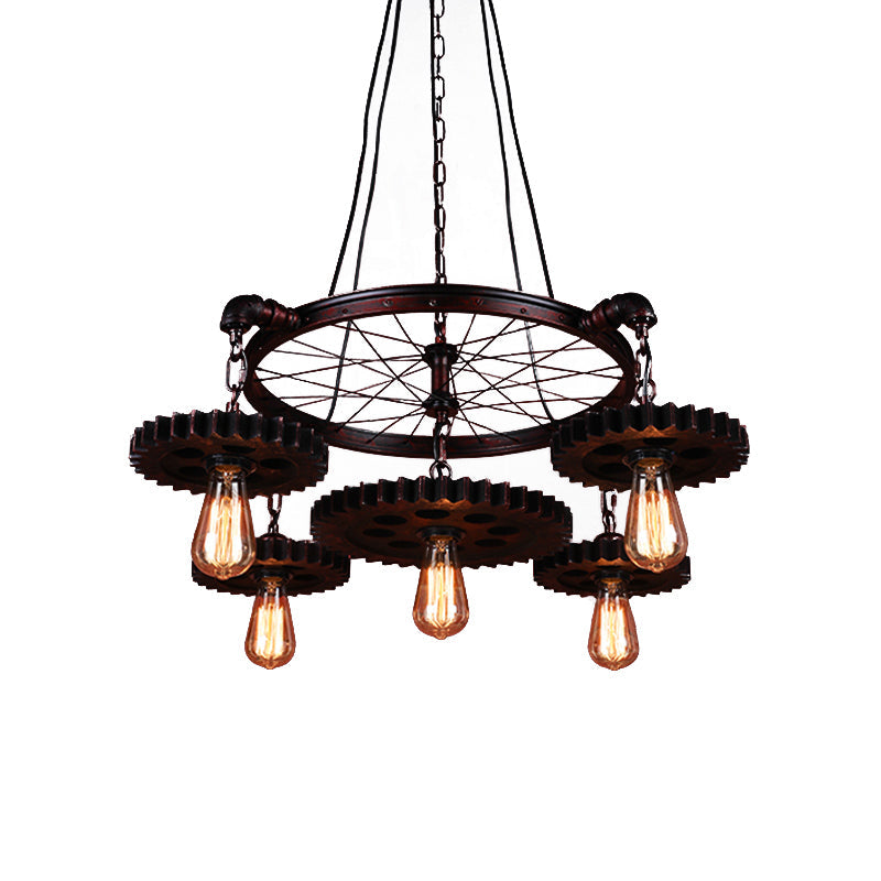 Farmhouse Style Rustic Chandelier Light with Exposed Bulbs - Gear Deco, 3/5/7 Heads - Ideal for Bars